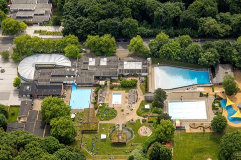 Aerial view, Revierpark Vonderort with outdoor swimming pool in the forest, Bottroper Straße,