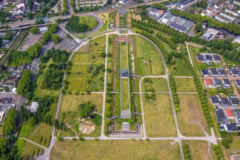 Aerial view, OLGA-Park with observation tower, meadows and green trees, Osterfeld, Oberhausen, Ruhr