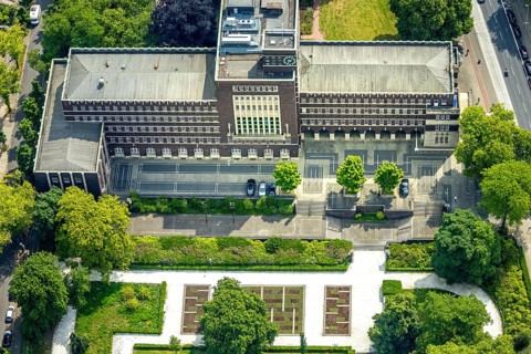 Aerial view, town hall city administration Oberhausen, front view with town hall clock, Oberhausen,