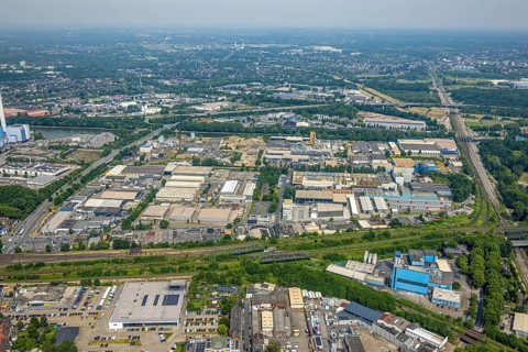 Aerial view, industrial area West 2, industrial area Zum Eisenhammer, Oberhausen, Ruhr area, North