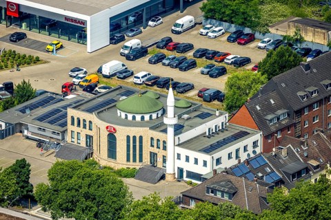 Aerial view, DITIB Central Mosque Oberhausen at Duisburger Straße, Oberhausen, Ruhr area, North