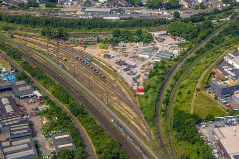 Aerial view, building yard in the railway triangle Hansastrasse, Oberhausen, Ruhr area, North