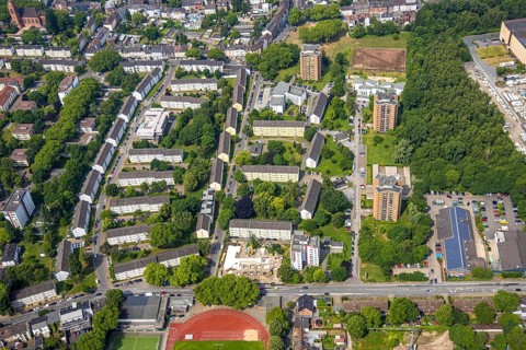 Aerial view, construction site with new building Mellinghofer Straße corner Königsberger Straße,