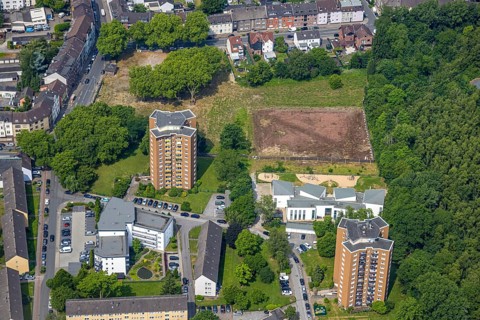 Aerial view, brownfield future miners' school, Knappenstraße, high-rise buildings residential area,