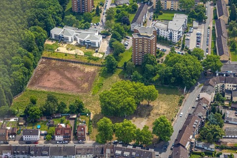 Aerial view, brownfield future miners' school, Knappenstraße, high-rise buildings residential area,