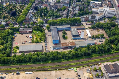 Aerial view, fire station and rescue station fire brigade Oberhausen, top right employment agency