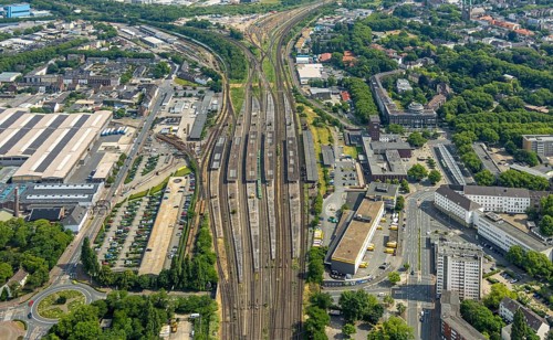 Aerial view, general view Oberhausen main station Hbf, ZOB bus station, main post office,