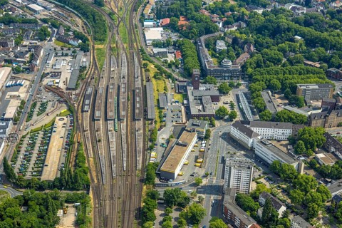 Aerial view, general view Oberhausen main station Hbf, ZOB bus station, main post office,