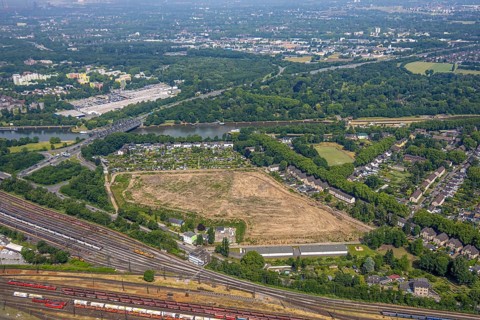 Aerial view, cleared old lime sludge landfill, Rhine-Herne Canal and allotment garden association