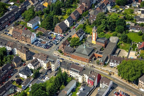 Aerial view, Monastery Church of Our Lady, Oberhausen, Ruhr area, North Rhine-Westphalia, Germany,