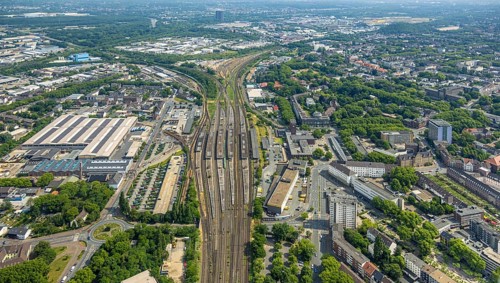 Aerial view, general view Oberhausen main station Hbf, ZOB bus station, Bero shopping centre, main