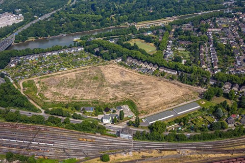 Aerial view, cleared old lime sludge landfill, Rhine-Herne Canal and allotment garden association