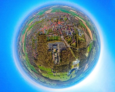 Aerial photography, North Rhine-Westphalia School of Finance at Nordkirchen Castle, earth globe,