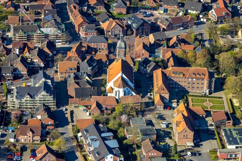 Aerial view, church St. Mauritius, children's sanatorium social institution at Mauritiusplatz, top
