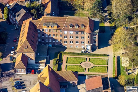 Aerial view, children's sanatorium social institution at Mauritiusplatz, garden, Nordkirchen,