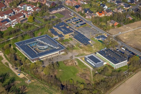 Aerial view, Johann-Conrad-Schlaun-Schule, comprehensive school with solar roof, Nordkirchen,