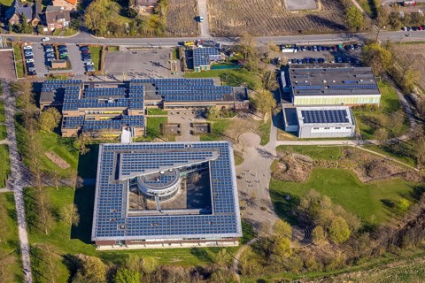 Aerial view, Johann-Conrad-Schlaun-Schule, comprehensive school with solar roof, Nordkirchen,