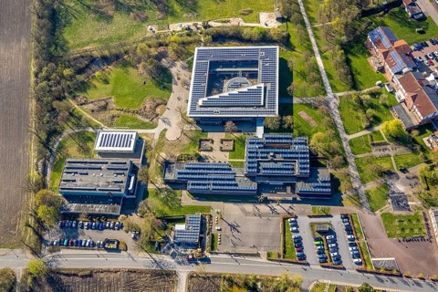 Aerial view, Johann-Conrad-Schlaun-Schule, comprehensive school with solar roof, Nordkirchen,
