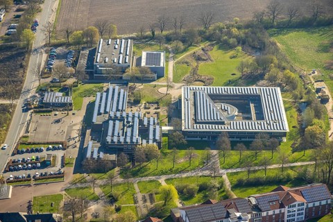 Aerial view, Johann-Conrad-Schlaun-Schule, comprehensive school with solar roof, Nordkirchen,