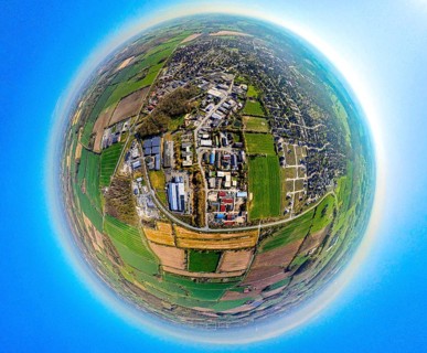 Aerial view, industrial estate north-west, at Ferdinand-Kortmann-Straße, earth globe, fisheye