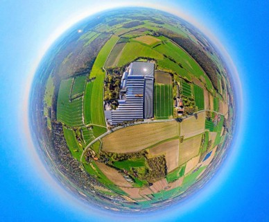 Aerial view, palm hero and gardener Gregg garden centre greenhouse, surrounded by meadows and