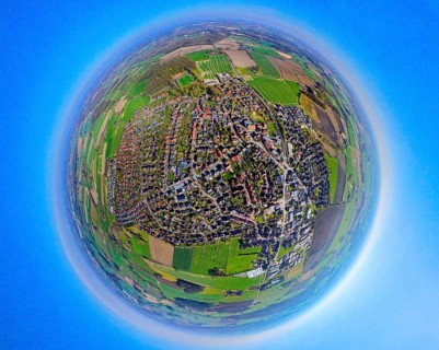 Aerial view, residential area, view of Nordkirchen town centre, earth globe, fisheye image, 360