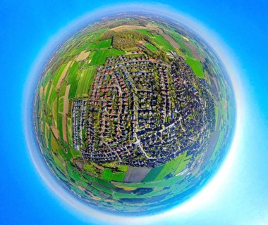 Aerial photo, residential area, local view of Südkirchen, earth globe, fisheye shot, 360 degree