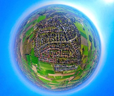 Aerial photo, residential area, local view of Südkirchen, earth globe, fisheye shot, 360 degree