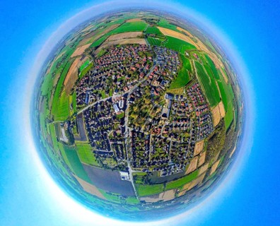 Aerial view, residential area, view of Capelle and Südkirchen, globe, fisheye image, 360 degree