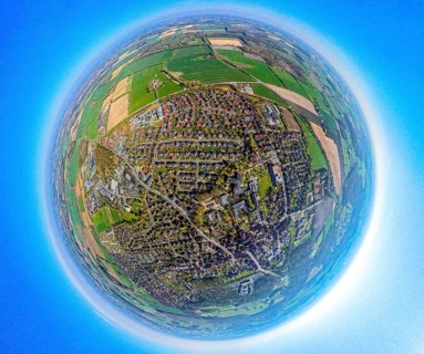 Aerial view, residential area, view of Nordkirchen with Nordstadt, earth globe, fisheye image, 360