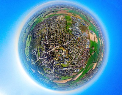 Aerial view, residential area, view of Nordkirchen town centre, commercial area on Cappenberger