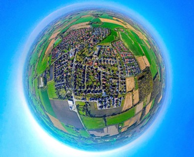 Aerial view, residential area, view of Capelle and Südkirchen, globe, fisheye image, 360 degree