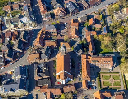 Aerial view, church St. Mauritius, children's sanatorium social institution at Mauritiusplatz, top