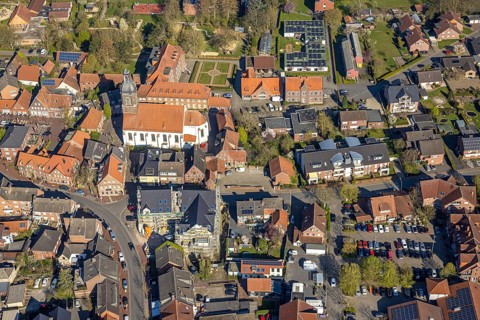Aerial view, church St. Mauritius, children's sanatorium social institution at Mauritiusplatz,