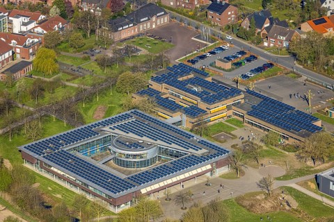 Aerial view, Johann-Conrad-Schlaun-Schule, comprehensive school with solar roof, Nordkirchen,