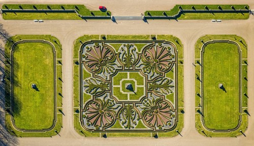 Aerial view, Nordkirchen Castle, baroque castle complex, moated castle and castle garden shapes and