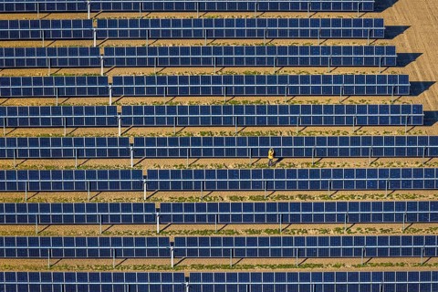 Aerial photo, solar park, open-space photovoltaic plant in the Berger farming community, shapes and
