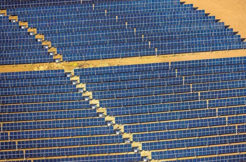 Aerial photo, solar park, open space photovoltaic plant in the farming community of Berger,