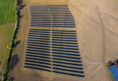 Aerial photo, solar park, open space photovoltaic plant in the farming community of Berger,