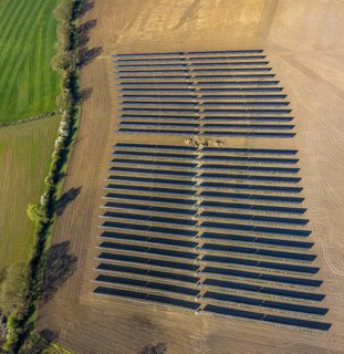 Aerial photo, solar park, open space photovoltaic plant in the farming community of Berger,