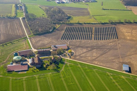 Aerial photo, solar park, open space photovoltaic plant in the Berger farming community,