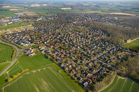 Aerial view, residential area and local view, windmill with mill tower Bergstraße, new residential