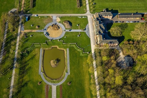 Aerial view, Nordkirchen Castle, baroque castle complex, moated castle, construction site,