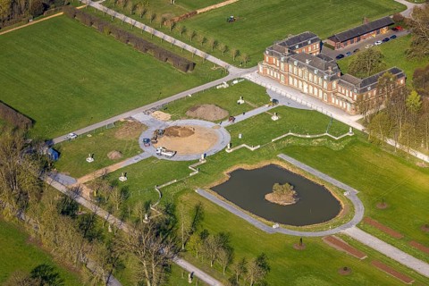 Aerial view, Nordkirchen Castle, baroque castle complex, moated castle, construction site,