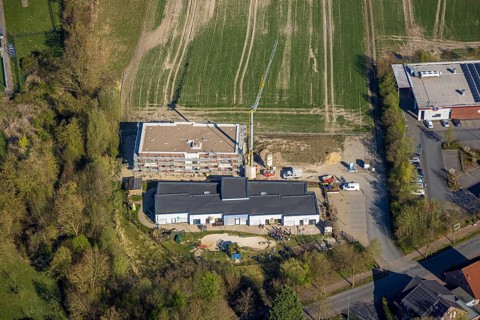 Aerial view, day care centre Hoppetosse construction site with new building, Südkirchen,