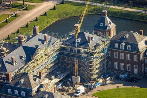 Aerial view, Nordkirchen Castle, baroque castle complex, moated castle, construction site with