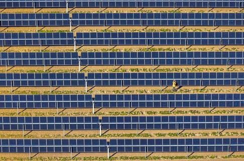 Aerial photo, solar park, open-space photovoltaic plant in the Berger farming community, shapes and
