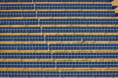 Aerial photo, solar park, open-space photovoltaic plant in the Berger farming community, shapes and