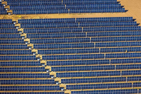 Aerial photo, solar park, open space photovoltaic plant in the farming community of Berger,