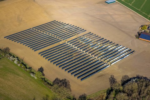 Aerial photo, solar park, open space photovoltaic plant in the farming community of Berger,